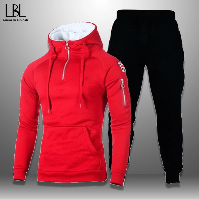 Hooded Sweatshirt Outwear Sports Pants Spring Tracksuit Men Fleece 2piece-Suits Winter