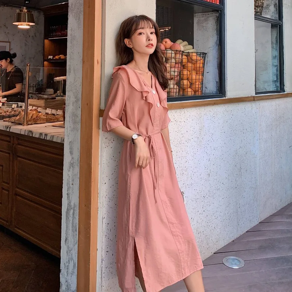 

Photo Shoot CHIC Sweet Pink Mid-length Flounced V-neck Loose-Fit Waist Hugging Lace-up Slit A- line Dress Women's