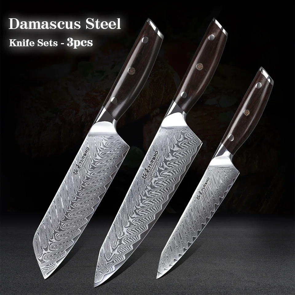 TURWHO 3PCS Kitchen Knives Sets Japanese 67 Damascus Stainless Steel Kitchen Knife Red sandalwood Handle