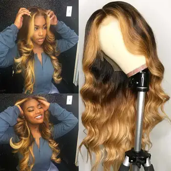 

Ombre Color 1B/27 Highlight Colored 13x6 Lace Front Human Hair Wig Brazilian Remy HD Transparent Lace Wig Pre Plucked Wavy Wig