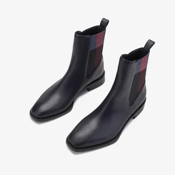 

New Spring Fall Square Toe Women Ankle Booties Leather Black Chelsea Boots Elastic Band Fashion Low Heel Shoes Botines Mujer