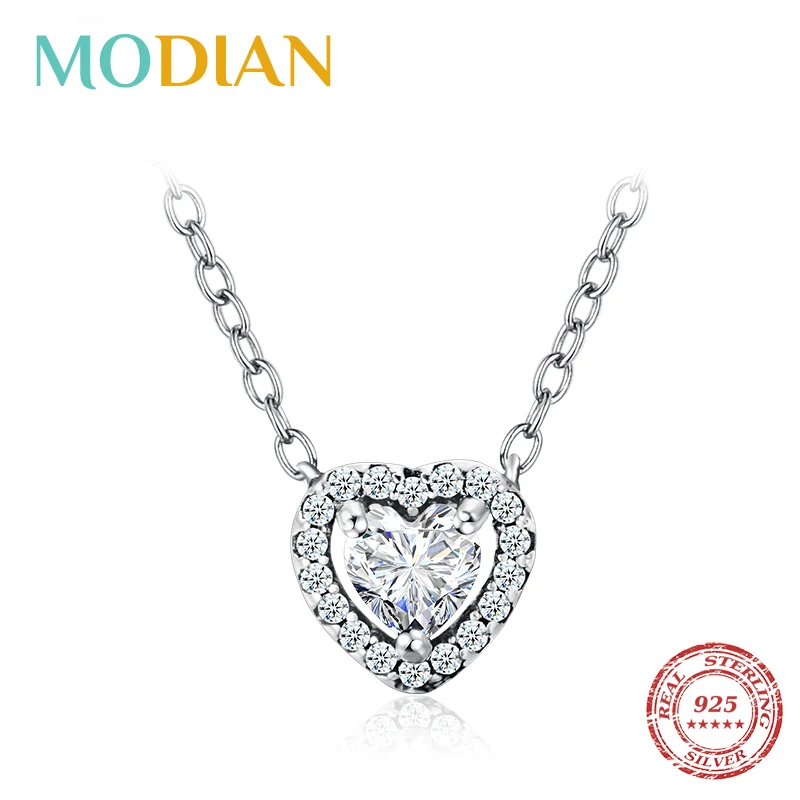 Modian Echt 925 Sterling Silber Klar CZ Herz Anhänger Halskette für Frauen Kette Mode Hochzeit Aussage Schmuck Zubehör