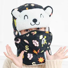 Шапки-бомберы с милым медвежьим лицом для детей, зимние шапки для мальчиков и девочек, шапка с шарфом, хлопковая шапка-ушанка, русские шапки, маска