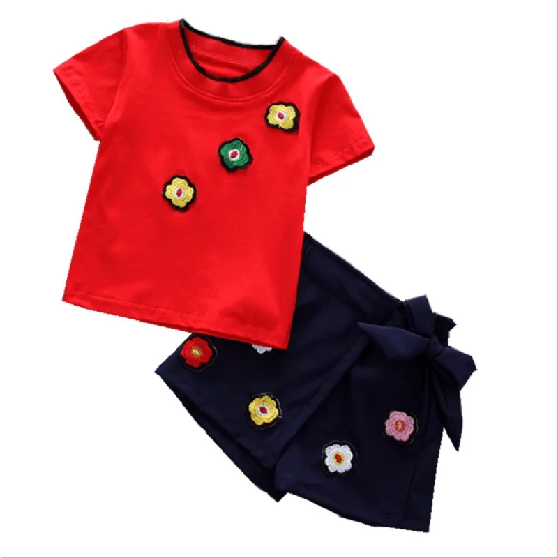 

summer children suit Girl sets cute petal top T-shirt + shorts 2 pieces Baby girl clothes sets