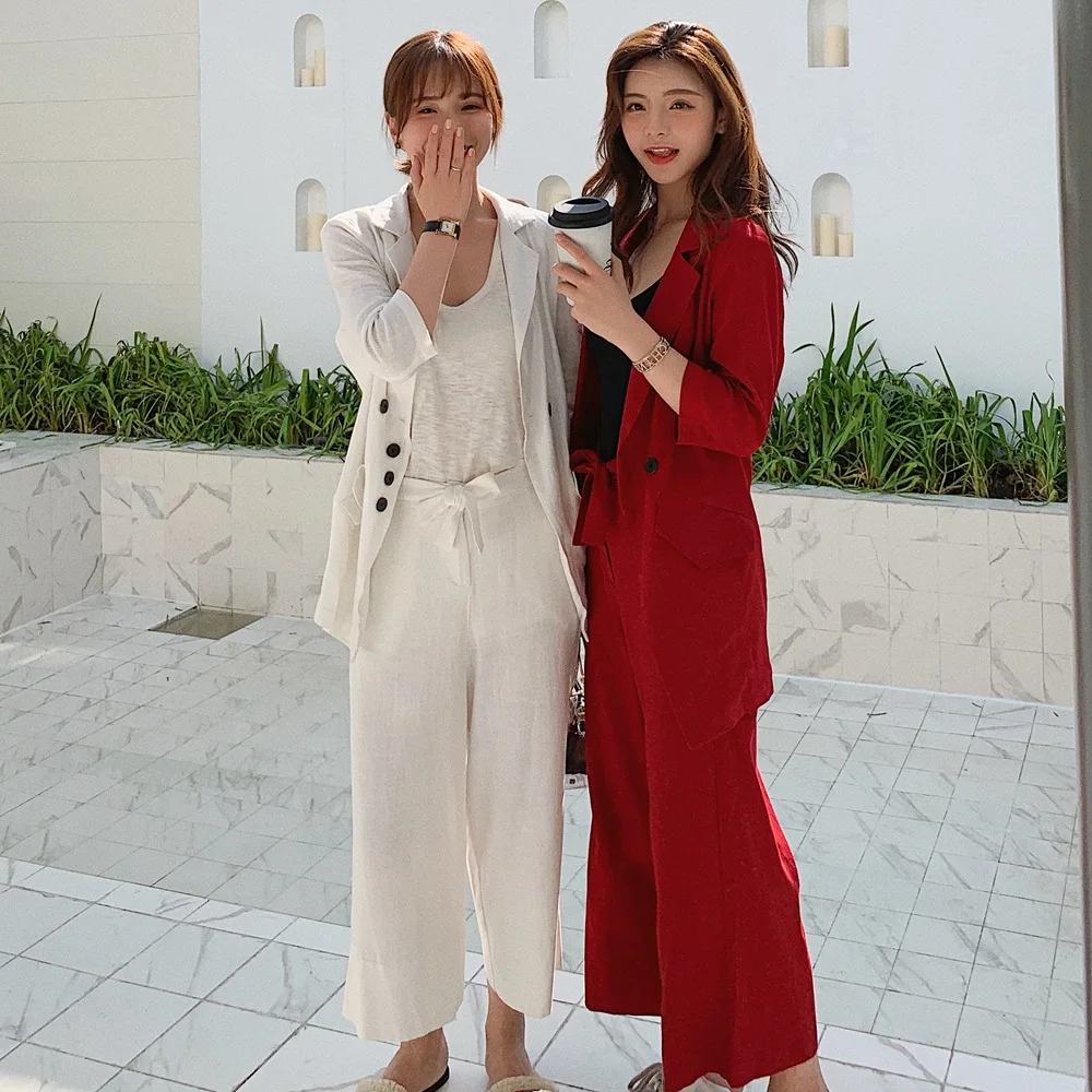 

Photo Shoot 2019 Summer New Style Hipster Vintage Cotton Linen Suit Jacket + Capri Loose Pants Two-Piece Set WOMEN'S Suit