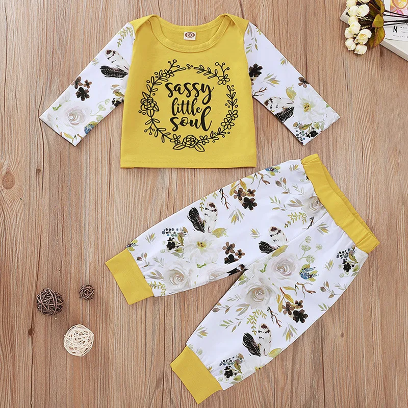  Yellow Toddler Baby Girls Sassy Little Soul Letter Print Long Sleeve Tops and Floral Pants Cotton T