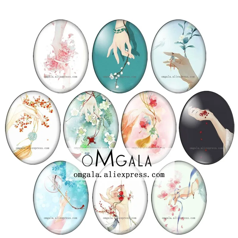 

Beauty Chinese classical woman hand paintings 13x18mm/18x25mm/30x40mm Oval photo glass cabochon flat back Making findings