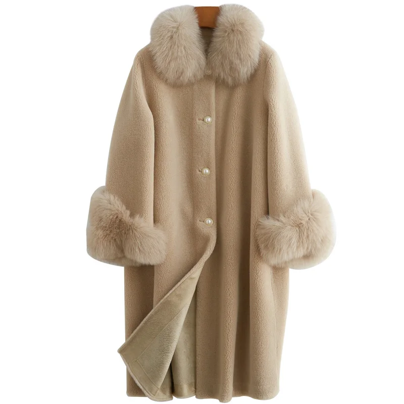 

2020 New Cut Wool Overcoat Girls Long Fund Lapel Wool Leather And Fur Loose Coat