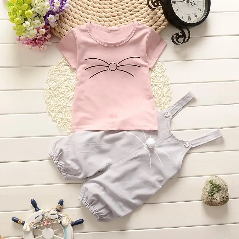 Летняя одежда для маленьких девочек; хлопковый комплект с принтом кота; Спортивный костюм; футболка+ шорты; одежда для малышей; комплект одежды для детей - Цвет: pink