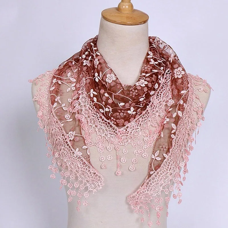 1PC New Women Fashion Triangle Tassel Wrap Lady Shawl Lace Sheer Floral Print Scarf Scarves For Women