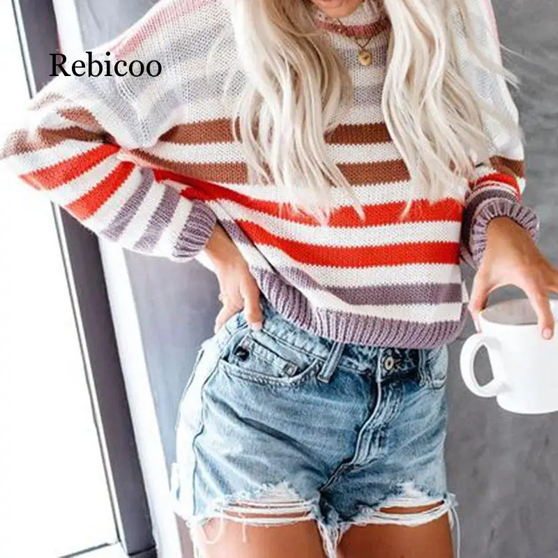 

Fall Boho Casual Blue Travel Plus Size Sweaters Women Loose Thin Stripe Pullover Wool Office Ladies Female Fashion 2019 Tops