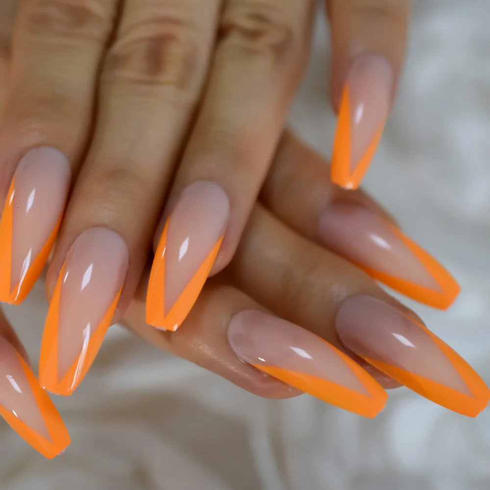 Ballerina Shape False Nails Large V Shape Extra Long French Nail Art Tips Predesigned Neon Orange Nude Manicure Tips 24 False Nails Aliexpress