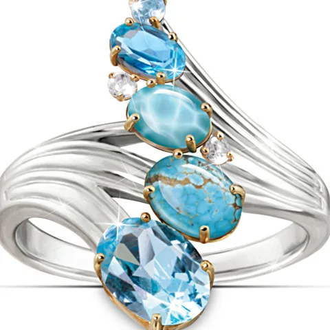 Classic Female Turquoise Oval Rings Charm Silver Color Engagement Ring Vintage Aqua Blue Zircon Stone Wedding Jewelry For Women