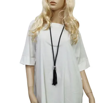 

New Long Black Leather Rope Tassel Metal Accessories Necklaces Women Fashion Punk Rubber Pendant Necklace Decoration Jewelry