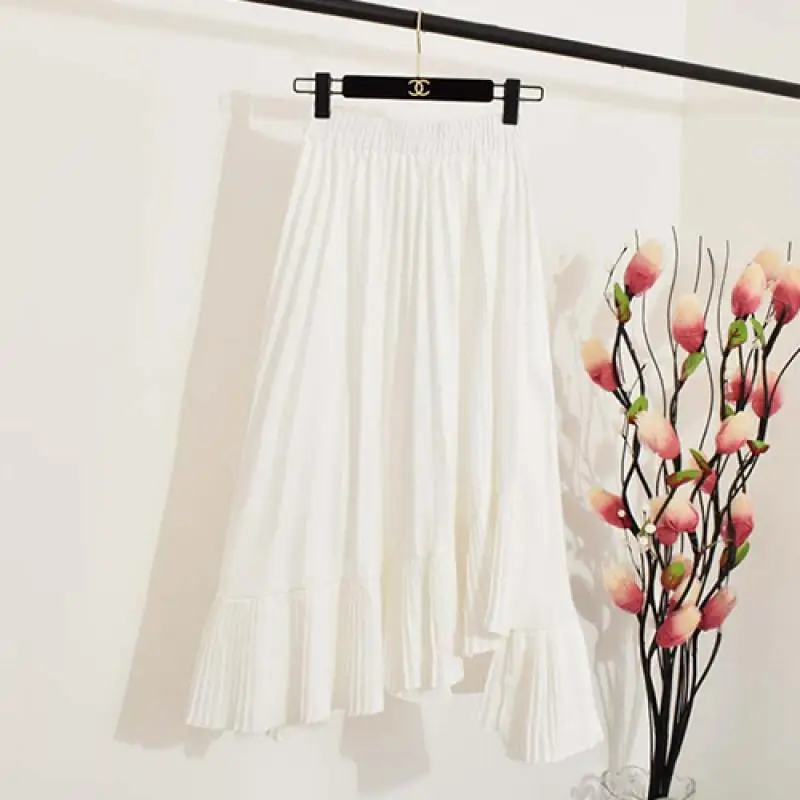 Asymmetrical Pleated Chiffon Long Skirt Women Summer Korean Fashion High Waist Skirt Female Casual Black White Skirt