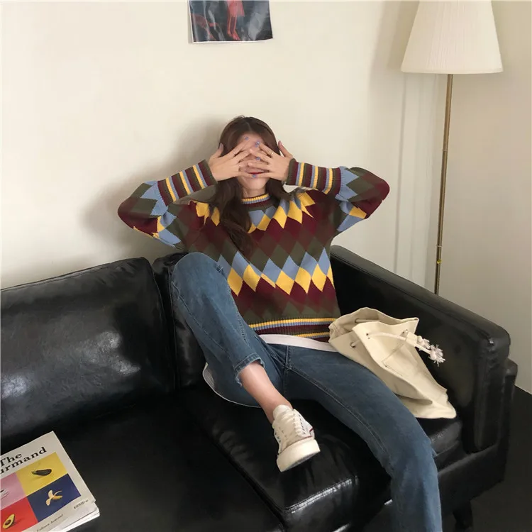 Geometric Sweater Women Thicken Knitted Winter Jumper Turtleneck Korean Harajuku Pullovers Casual Clothes Warm Loose V730