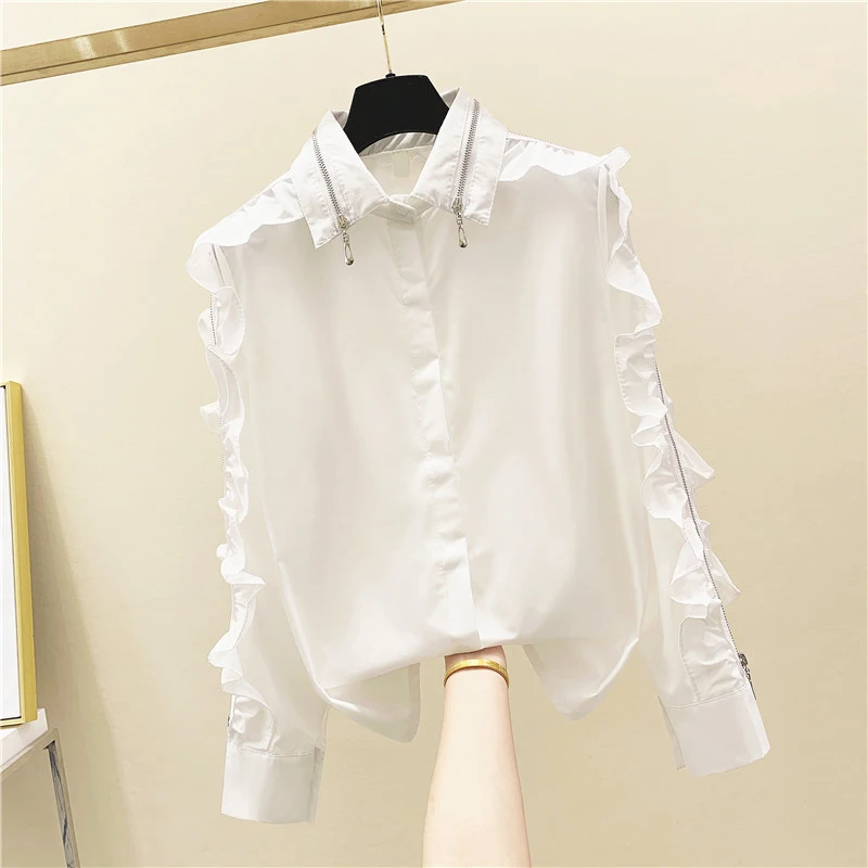 Zipper Collar Ruffles White Women Shirts 2021 Summer New Solid Loose Office Lady Elegant Outwear Coat Tops | Женская одежда