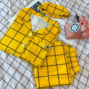 

Spring Women Pajamas Sets Yellow Cotton Cardigan Pijamas Square Plaid Simple Comfort Sleepwear With Blindfold Female Home Wear