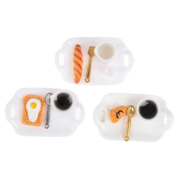 

1:12 Dollhouse Miniature Breakfast Sets Croissant Toast Egg Coffee with Tray Kitchen Food Accessories