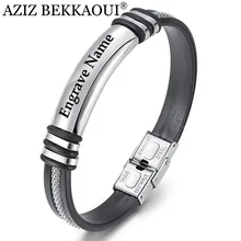 AZIZ BEKKAOUI золото серебро Мода гравировка имя браслет для мужчин DIY гладкой кожи 21 см нержавеющая сталь и резина браслеты