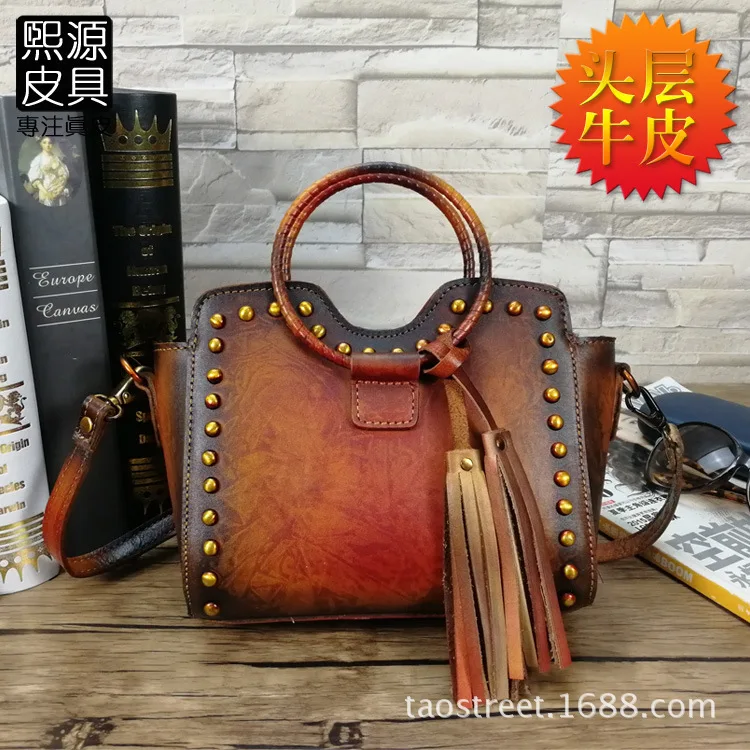 

WOMEN'S Leather Bags Closed-toe Layer Cowhide Hand-rub Color Mini Rivet Tassels Circular Ring Square Sling Bag Shoulder Bag Hand