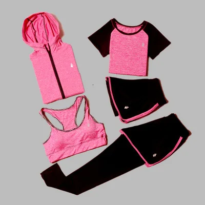 Комплект из 5 предметов для йоги, для женщин, для бега, фитнеса, футболка, спортивный бюстгальтер, одежда для фитнеса, женский тренировочный комплект, спортивный костюм - Цвет: 5 piece rose 2