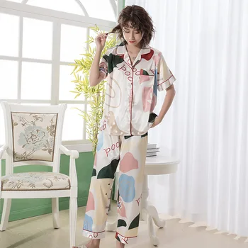 

Printed Short Sleeve Silk Pajamas Spring Women Summer Pajama Sets Silk Pijama Sleepwear Pyjamas Nightwear Set