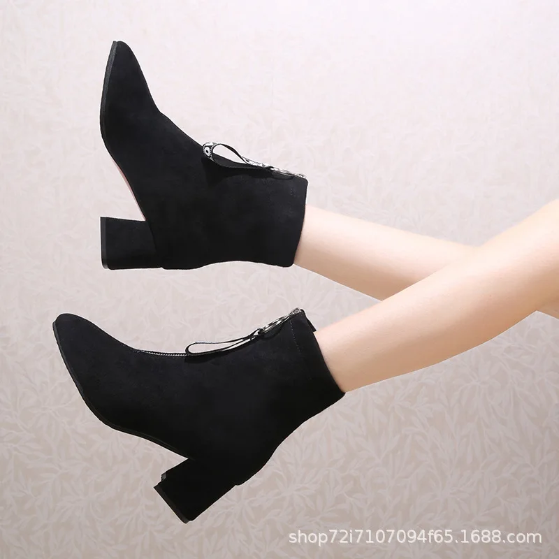 

Front Zipper Short Boots Women's Spring And Autumn Single Boots Fashion Square Head Chunky-Heel Thin Boots Women's 2019 Autumn M