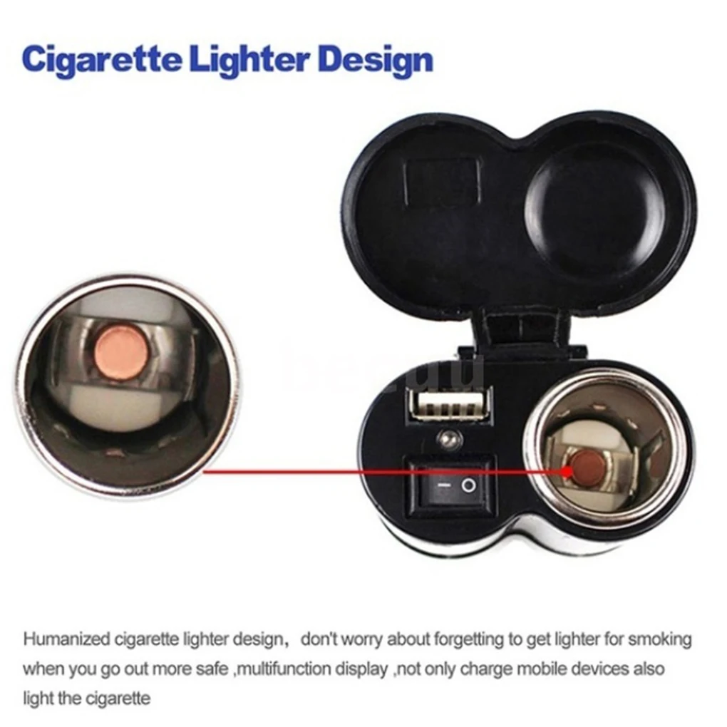 12V/24V Motorbike Cigarette Lighter Socket USB Port Phone Charger Handlebar Mount Waterproof Cap