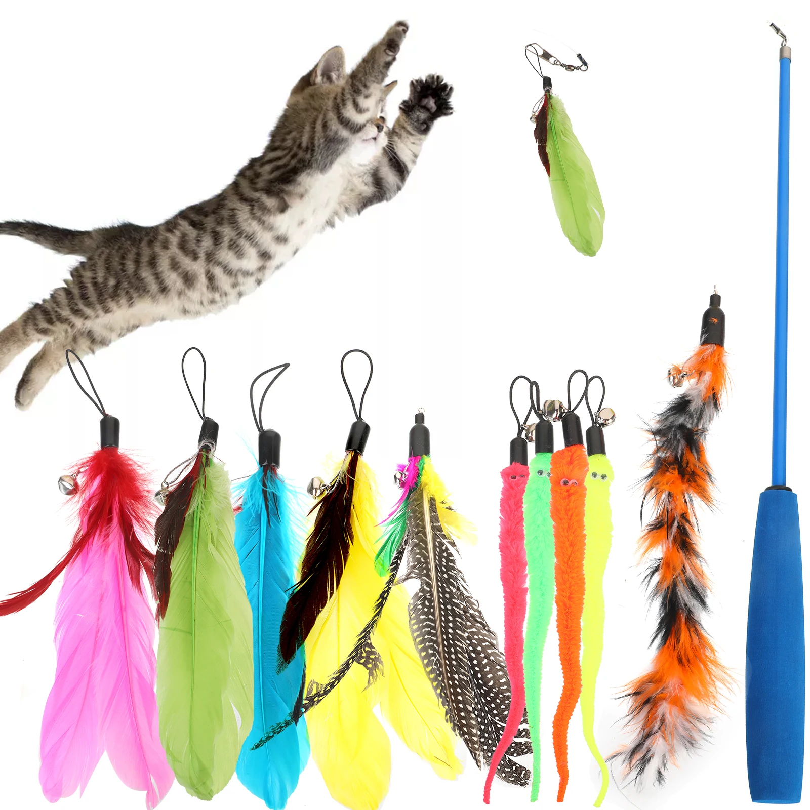

11 PCS Replacement Feather Toy Set Feather Teaser Wand Toy for Kitten Having Fun Exercise Playing Without the Stick