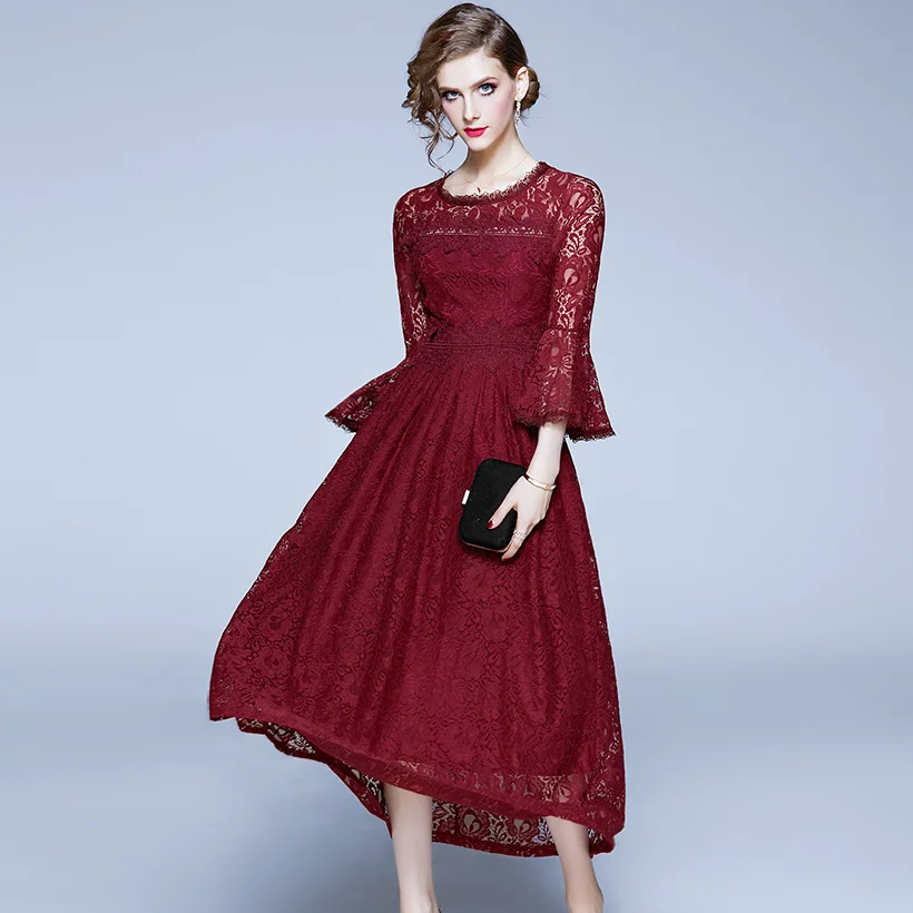 Vestidos, новинка, осенне-зимнее платье, элегантное, тонкое, ажурное, кружевное платье, модное, винтажное, с оборками, рукав, праздничное платье, Vestido
