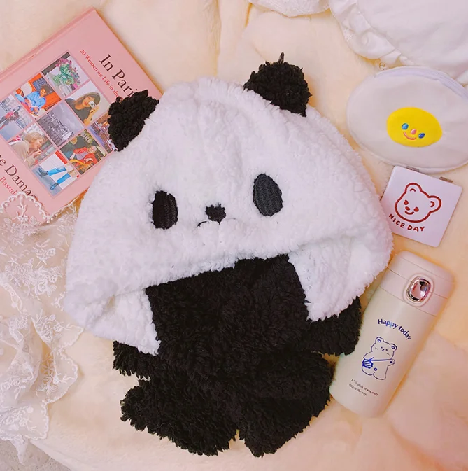 Thicken cold and warm simple and versatile cute bear sheep panda autumn winter headgear gloves scarf all-in-one plush hat J06