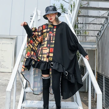 

2020 Oversized Cropped Dress Women Ruffles Irregular Hem with Ring Decorate Patchwork Print Batwing Sleeve Spring Autumn Dresses