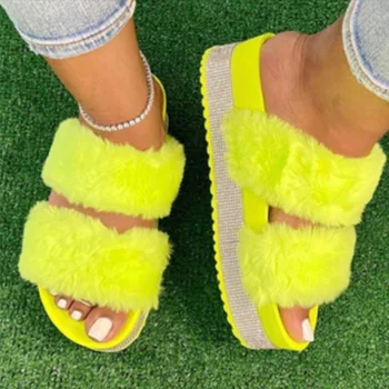 

Women's Slippers Fur Plush Shoes For Women 2020 Platform Crystal Bling Ladies Flat Shoes Outside Non Slip Female Autumn Footwear