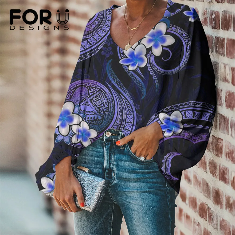 

FORUDESIGNS Women Loose Tops Purple Hibiscus Polynesian Samoa Print Ladies Casual Sexy V-Neck Chiffon Lartern Sleeve Shirt Mujer