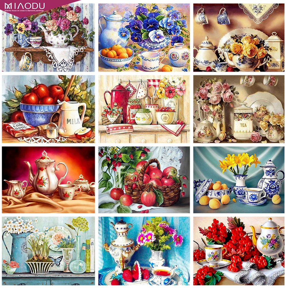 Diamond Painting 5D Diamond Painting Garden Kitchen Tea Set Flowers Diamond Embroidery Cross Stitch Kits Mosaic Drill Landscape Home Decor Gifts
