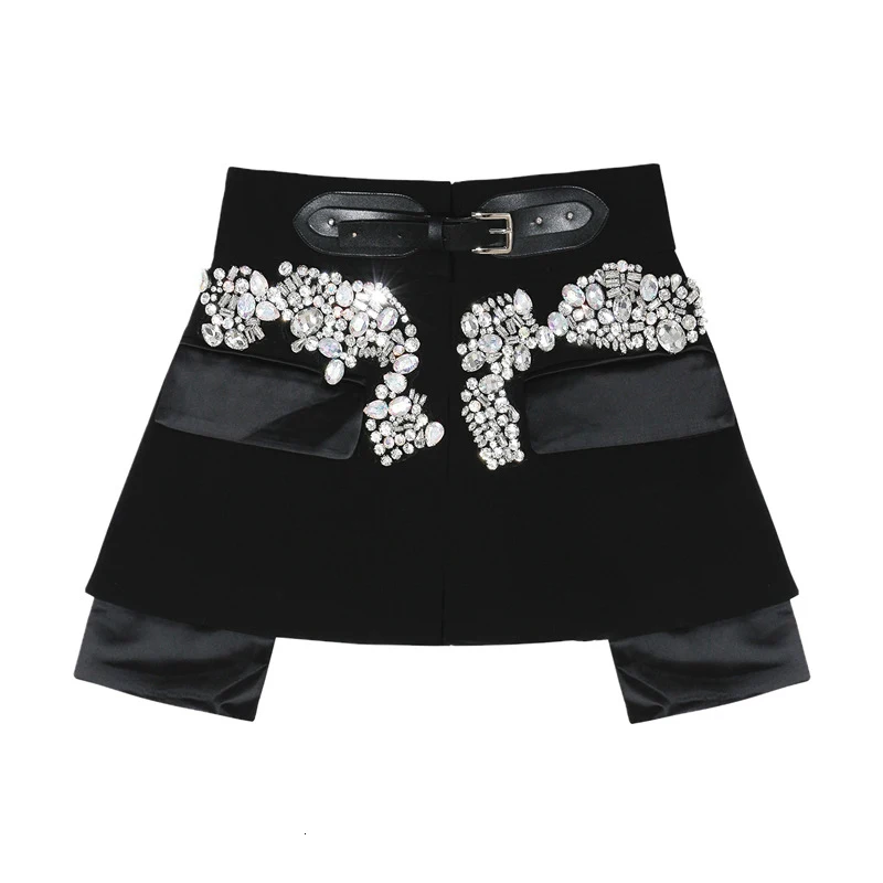 [EAM] New Spring Autumn High Waist Black Beading Blingbling Spliced Personality Short Half-body Skirt Women Fashion JY758