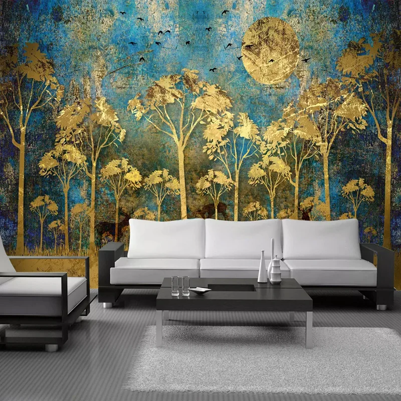 

Drop Shipping Custom Mural Wall Painting Chinese Style Abstract Golden Forest Tree Bird Deer Photo Wallpaper Bedroom Wall Art