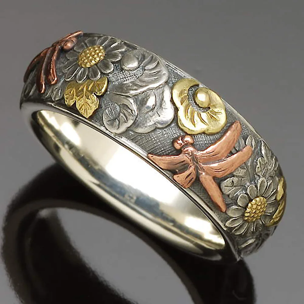 Retro Carved Flower Dragonfly Ring for Women's Men's Multi Size Punk Hip Hop Ring Jewelry Biker Finger Accessories