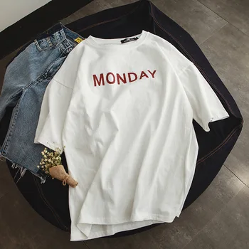 

ZHIJING Summer Hong Kong Style Origional Multi-color T-shirt Men's Loose-Fit Printed Letter a Week Couples Short-sleeved Top