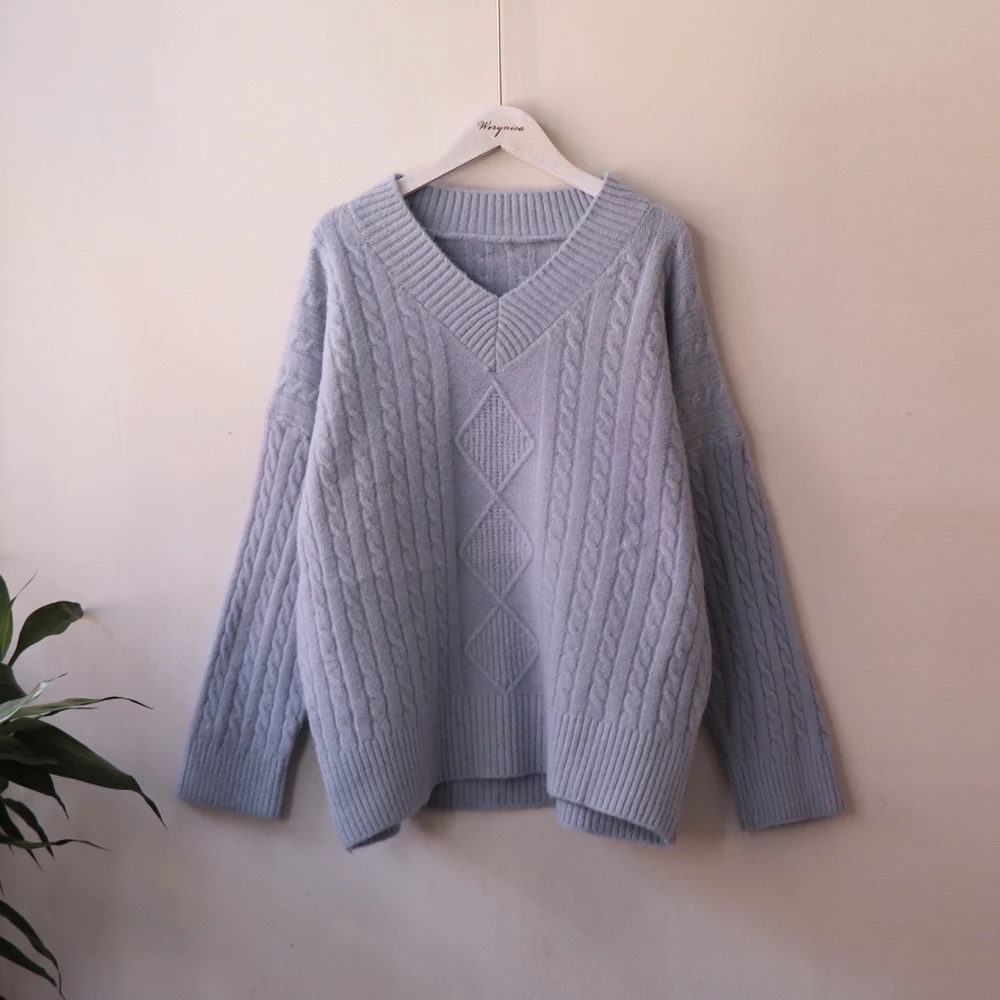 

Werynica Knitted Sweater Women Streetwear V Neck Long Sleeve Pullovers Loose Solid Coat 2019 Autumn Winter Fashion Korean Women