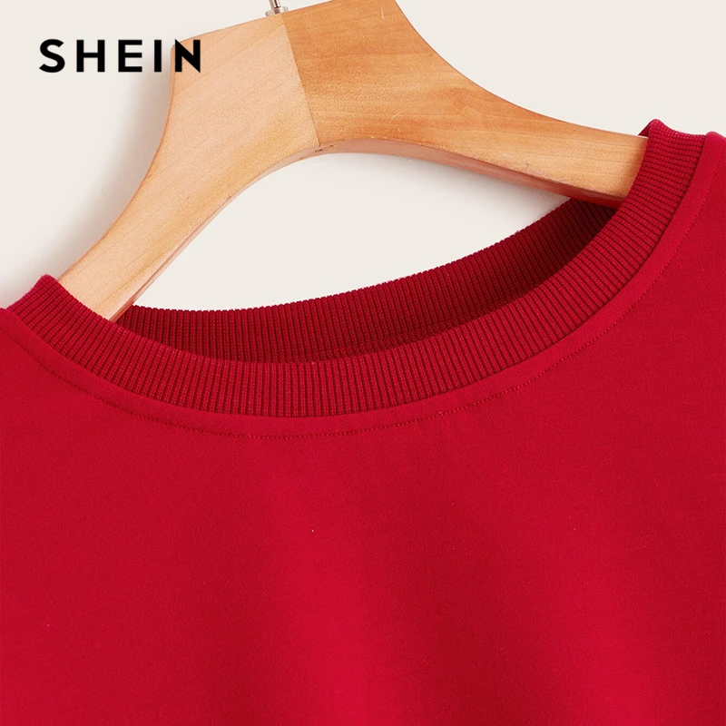 SHEIN Drop Shoulder Raw Hem Crop Sweatshirt Solid Pullover Women Summer Autumn Long Sleeve Round Neck Basic Casual Sweatshirts