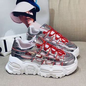 

Fashion Laser Women's Casual Platform Sports Shoes High Heels Creepers 2020 Spring Punk Bright Harajuku Dad Shoes Women Sneakers