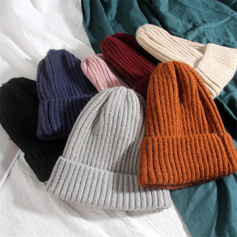 

2020 New Winter Solid Color Wool Knit Beanie Women Fashion Casual Hat Warm Female Soft Thicken Hedging Cap Slouchy Bonnet Ski