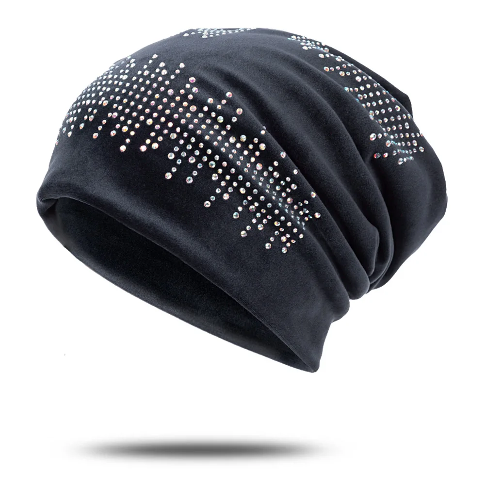 Женская зимняя Лыжная шапочка, бархатная теплая шапка Skullies Beanies, Женская Повседневная шапка, стразы, жемчужные шапки, роскошная шапка высокого качества - Цвет: dark greyB