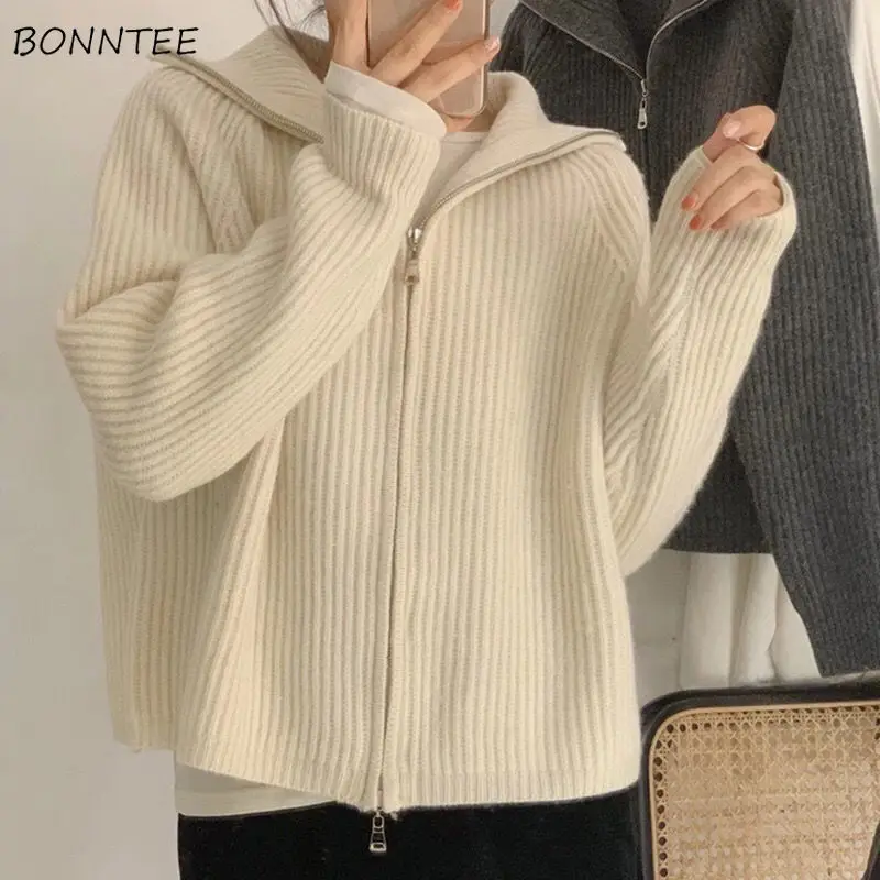 Sweater Cardigan Women Spring New Solid Vintage All-match Elegant Zipper Loose Daily Soft Sweet Simple Casual Knitwear Chic Teen 1