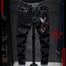 Стиль джинсы мужские хлопок вышивка черные мужские брюки Slim Fit высокое качество#80077