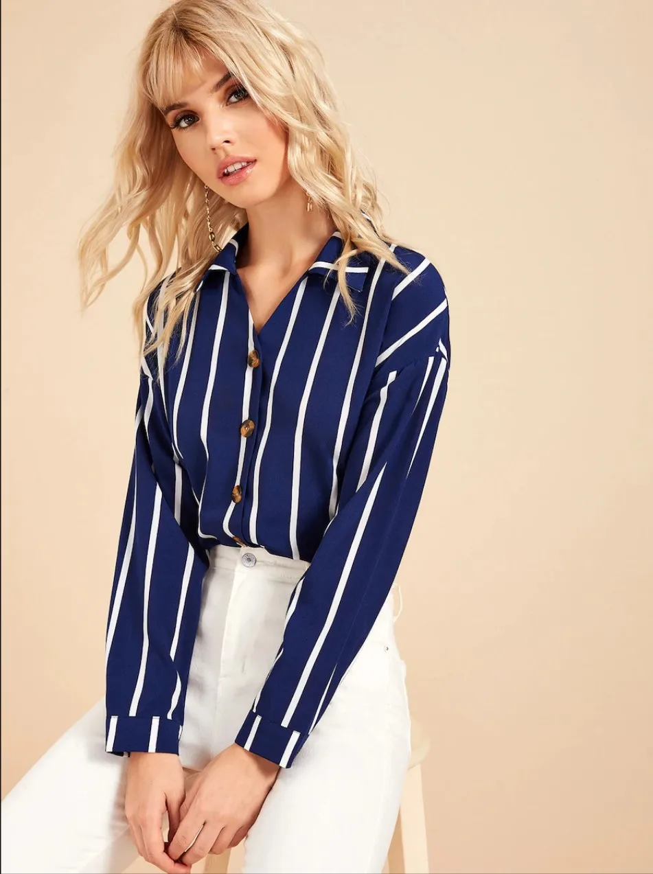 

Linglewei 2019 New single breasted stripe long sleeve loose shirt