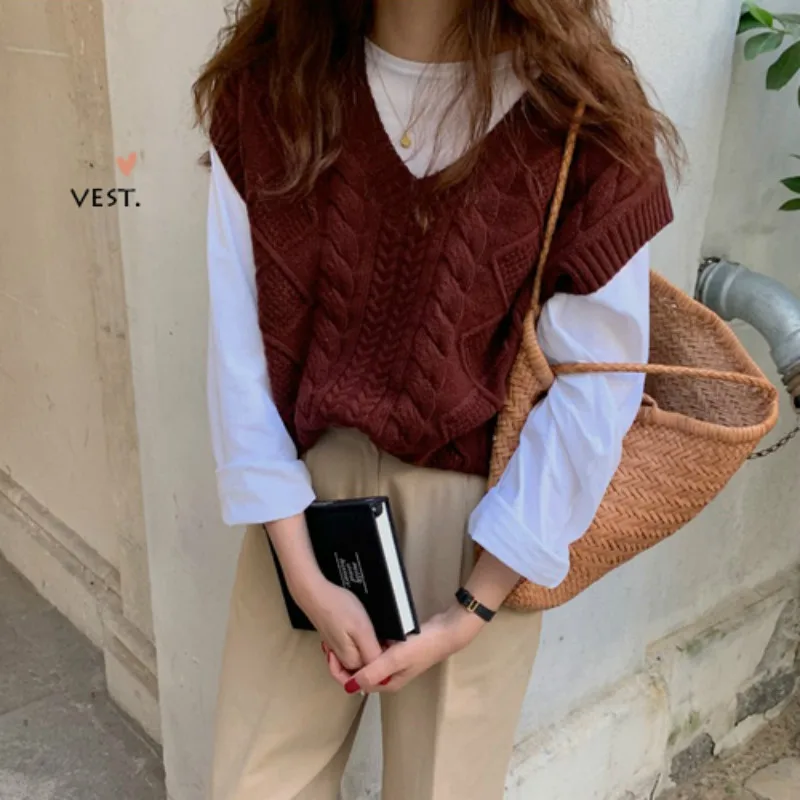 Women Autumn Winter Wine Red Sleeveless Twist Sweater Woman V Neck Short Knitted Vest Solid Brief Waistcoat Out Wear | Женская одежда