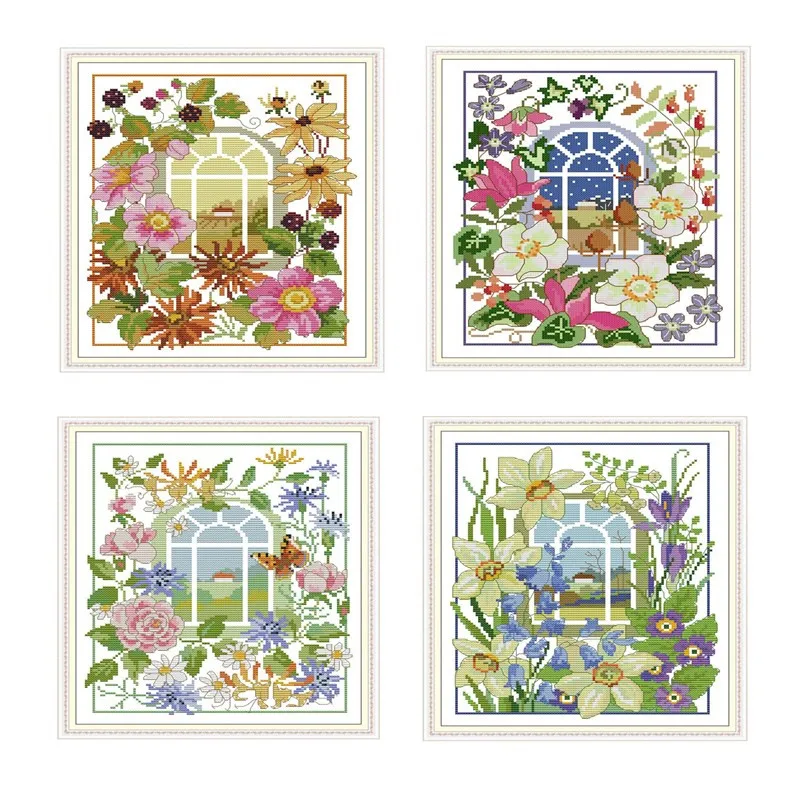 The Four Seasons Scenery Window Cross-stitch Embroidery sets with Printed Pattern Paintings DMC 11CT and 14CT Cross Stitch Kits